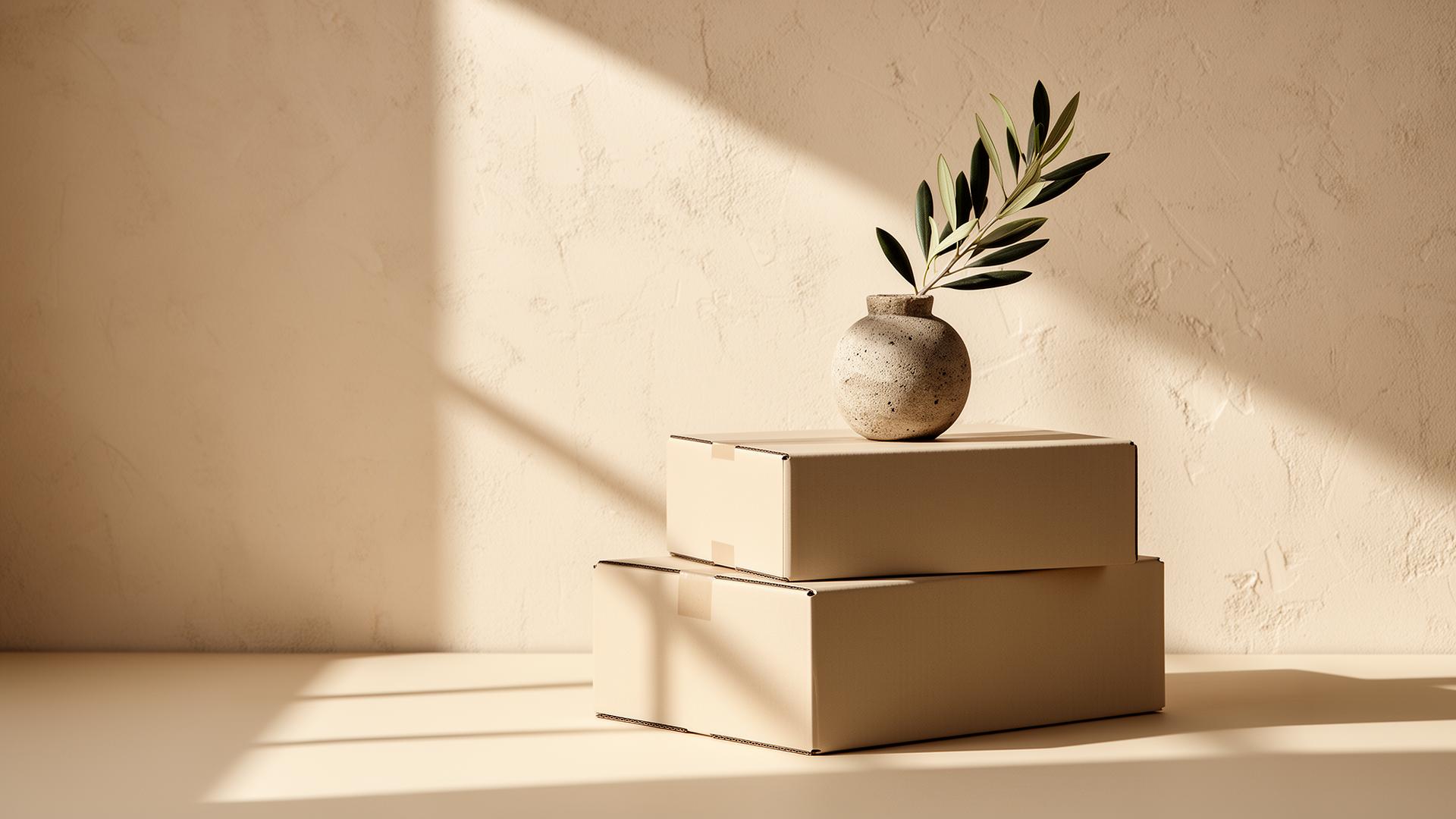 Premium kraft shipping boxes with an olive branch in soft natural light