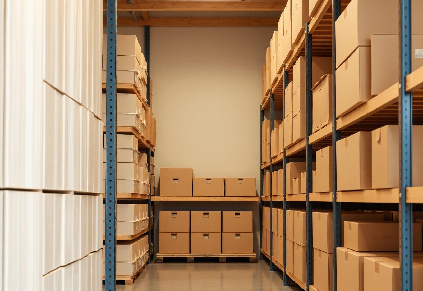 Clean minimalist warehouse aisle with neatly stacked boxes